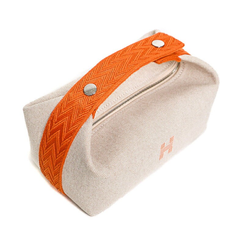 Hermes Bride A Brac PM Handbag Pouch Vanity Bag 7.9in Canvas Natural Orange 99
