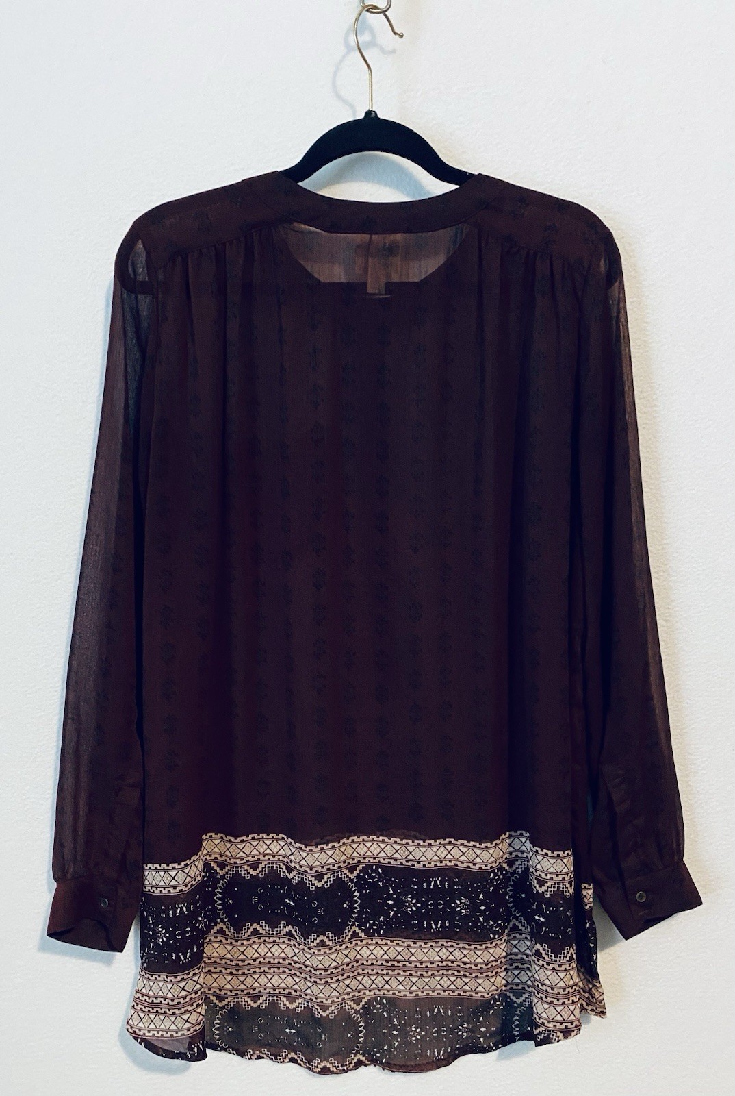 Knox Rose Top Womens 1X Maroon Boho Print Sheer Chiffon Long Sleeve Peasant