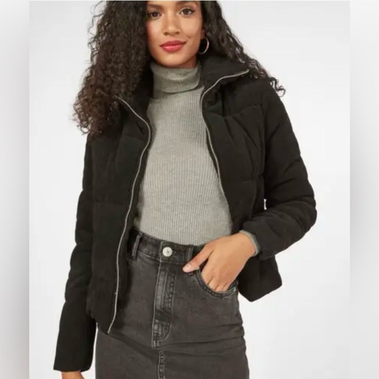 Ambiance Outerwear Black Corduroy Bomber Puffer Jacket Coat Size Medium Pockets