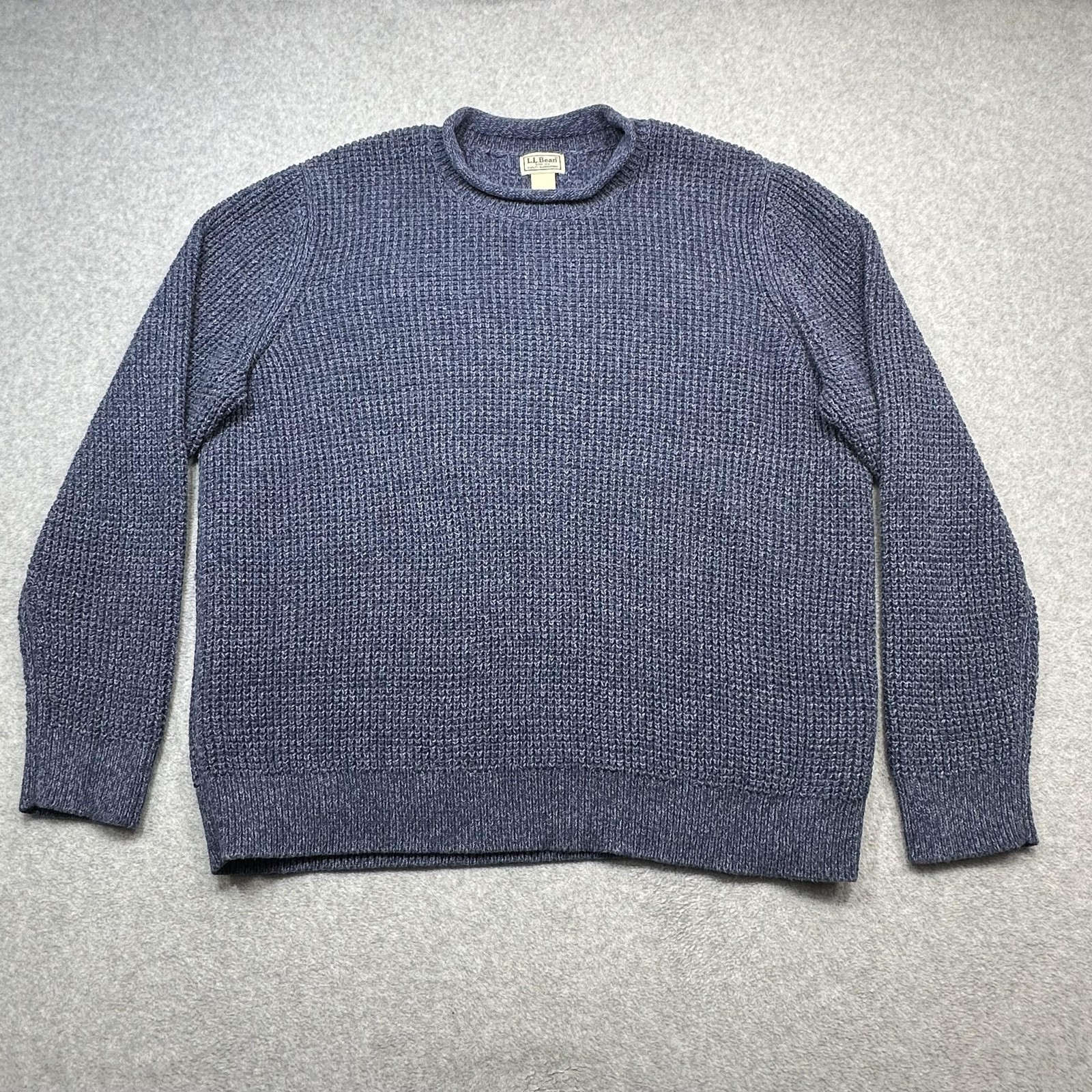 LL Bean Sweater Mens XL Blue Organic Cotton Waffle Knit Roll Neck Heavy Outdoor