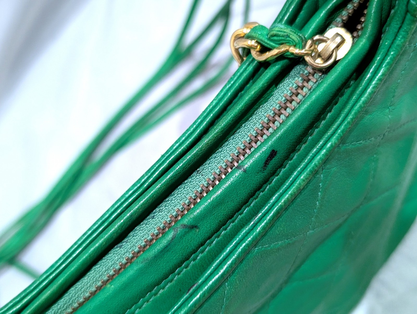 CHANEL CC Logo Fringe Charm Mini Shoulder Bag Lamb Leather Green VTG JPN