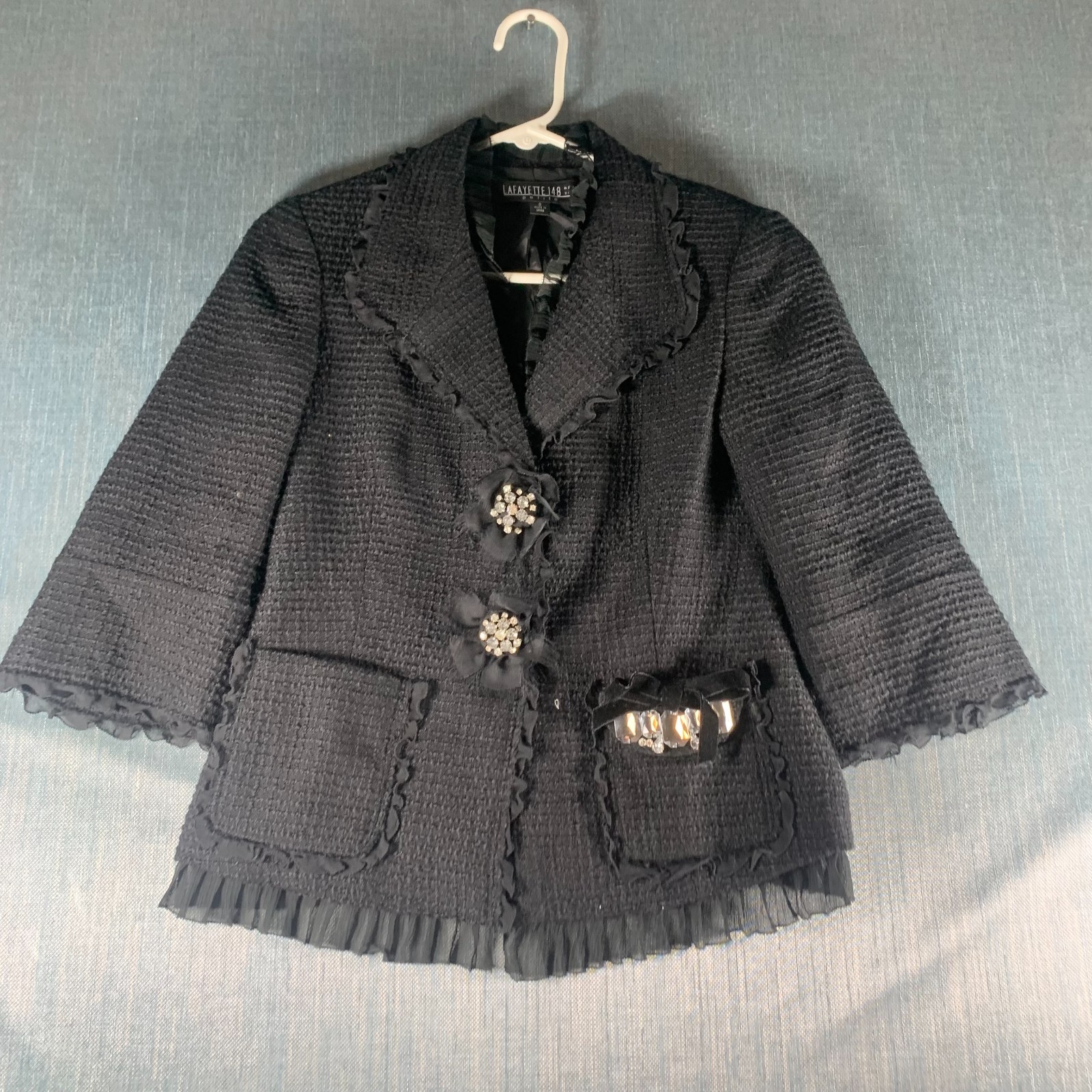 Lafayette 148 Women’s Petites Blazer Size 0 Black Textured Trim Ruffle Hem Coat