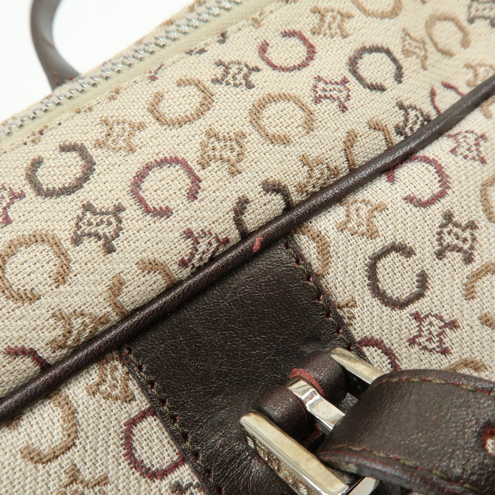 CELINE C Macadam Canvas Leather Hand Bag Boston Bag Beige Brown Auth Used F/S