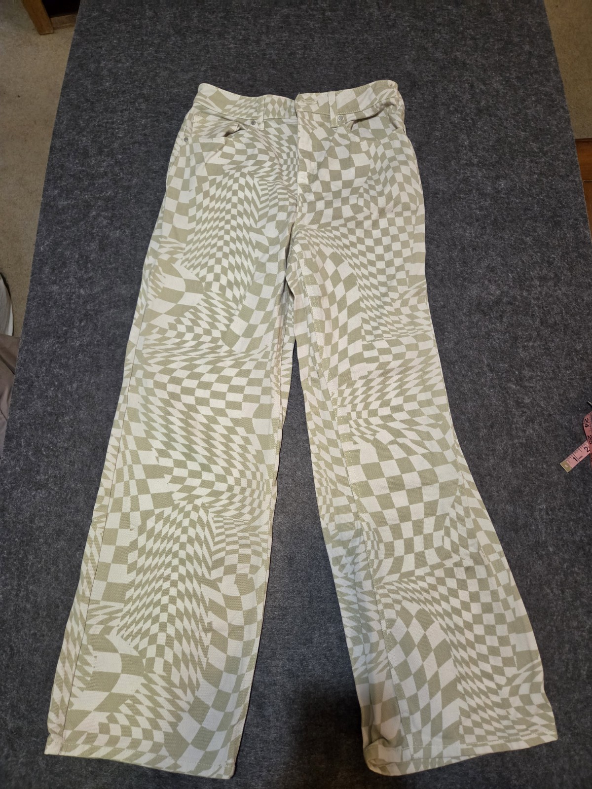 RSQ Women’s Green/White Check Light Wash 100% Cotton High Rise Wide Leg Jeans 29