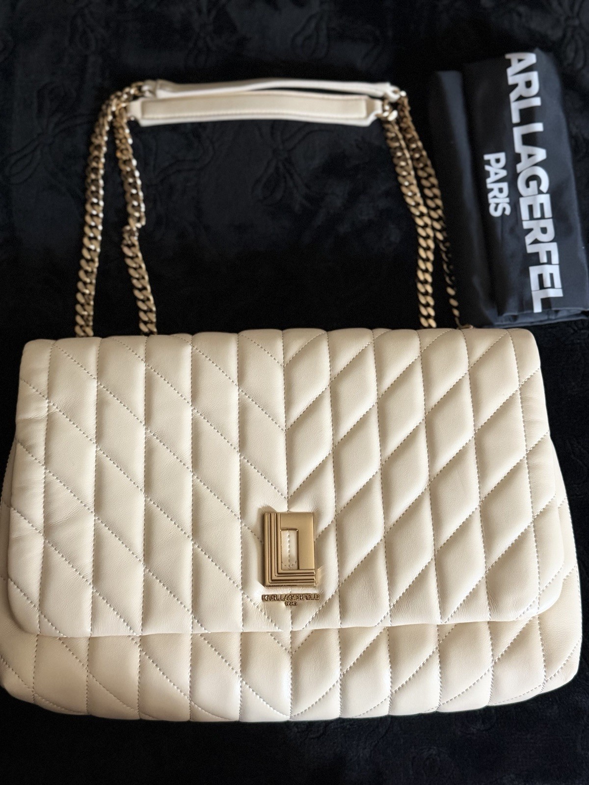 KARL LAGERFELD PARIS Cream Quilted Genuine Leather Shoulder Bag Gold Chain