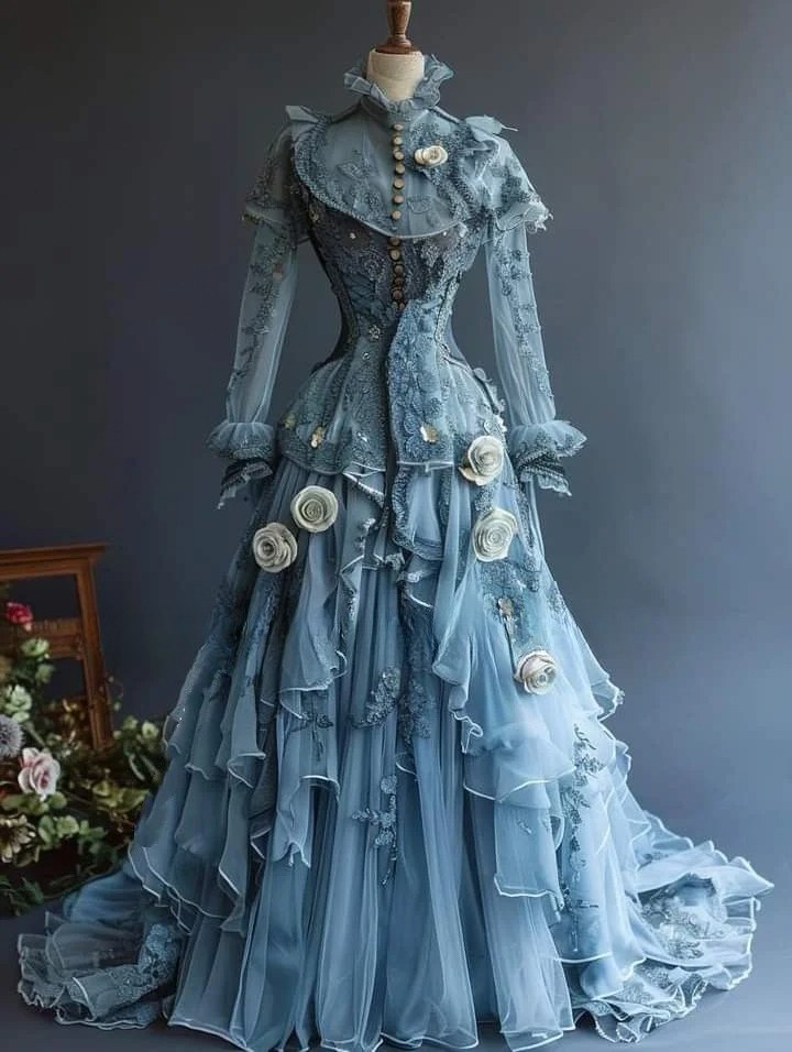 Victorian Blue Lace High Neck Corset Ball Gown Wedding Dresses With Flowers