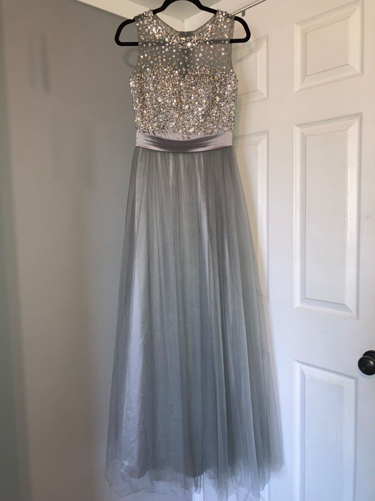 Gray and silver beaded prom dress with sequined bodice and tulle skirt