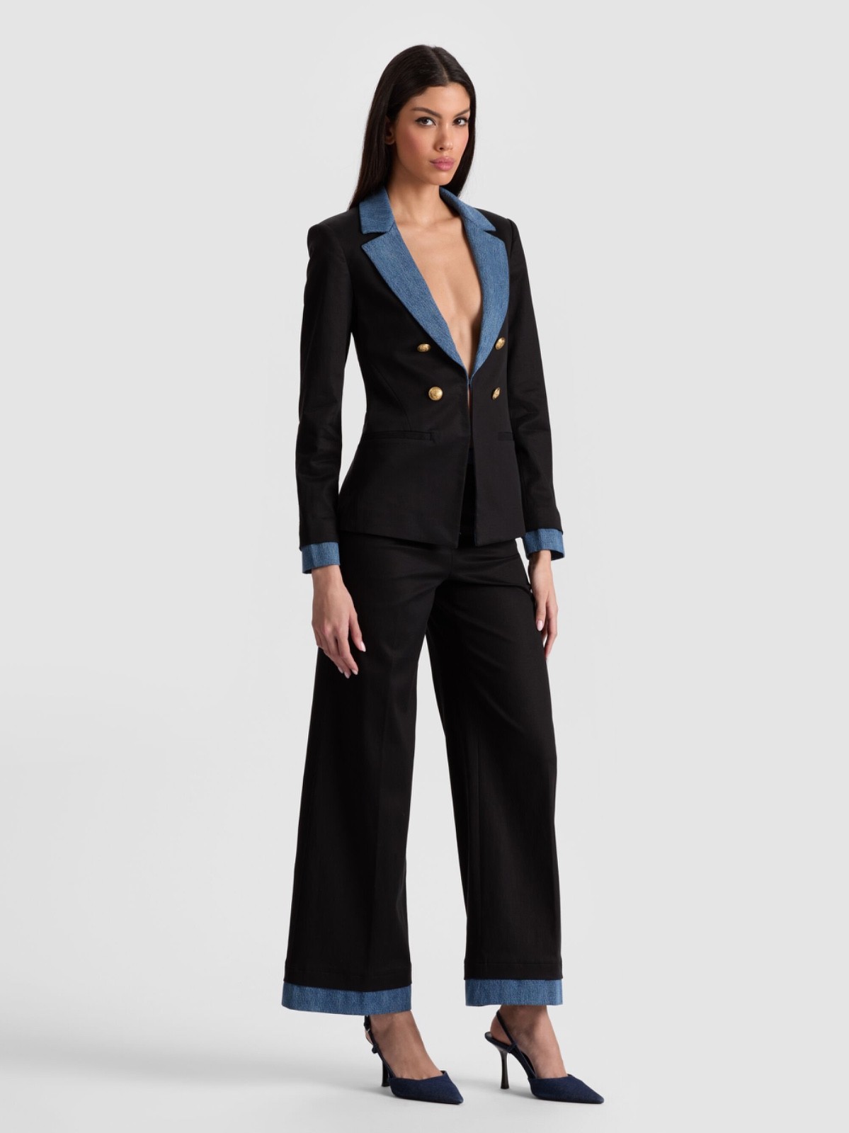 $660 ALICE + OLIVIA Women’s “Mya” blazer jacket – Black / Liana Blue – 6
