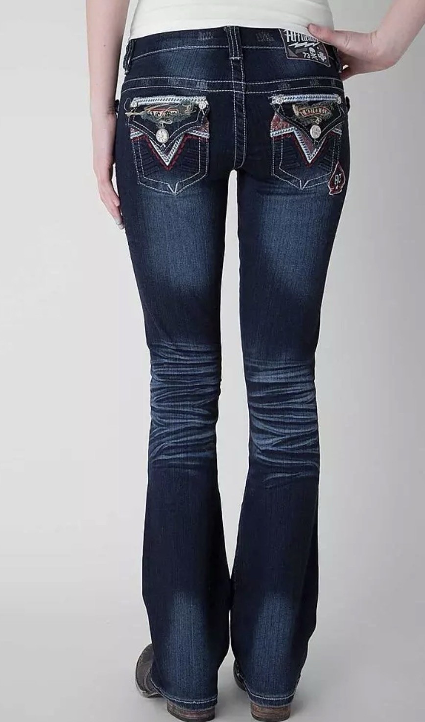 Affliction Jade Embellished Handkerchief Patchwork Jeans Size 27 Mcbling Low Cut