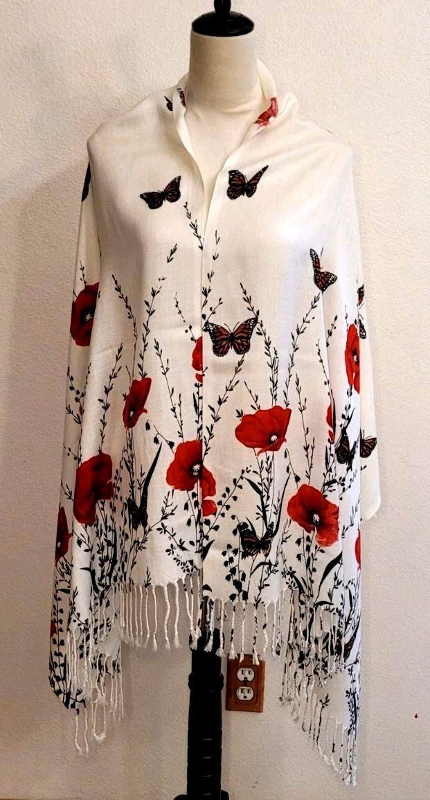 Butterfly/ Monarca/ Flowers/ Fringe/White & Red / Rojo Rebozo, Scarf, Wrap