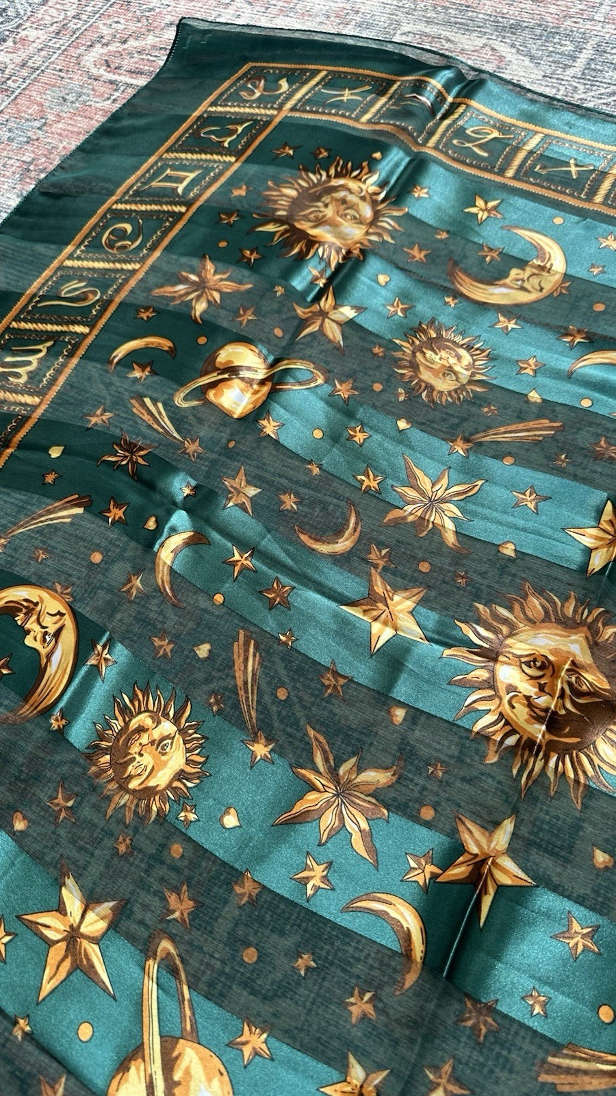 Gianni Versace Silk Astrological Square Scarf Green Gold Celestial Logo