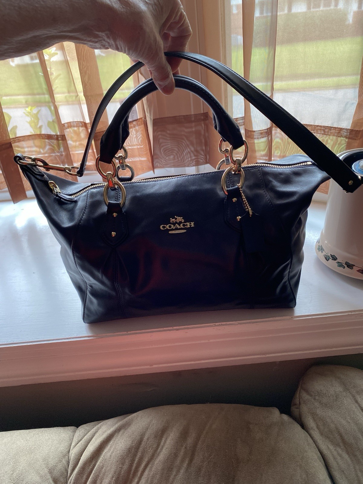 Coach Large Navy Satchel Top Handle Zip Closure Detachable Strap Gold Hardware