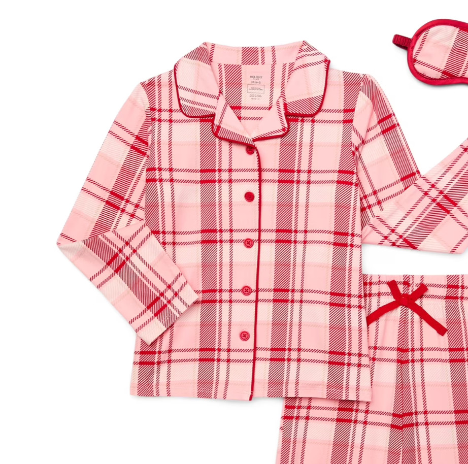 Holiday Time Girls Pajama Set Sz 7/8 Red-Pink 3-Pc with Eye Mask Plaid Sleepwear