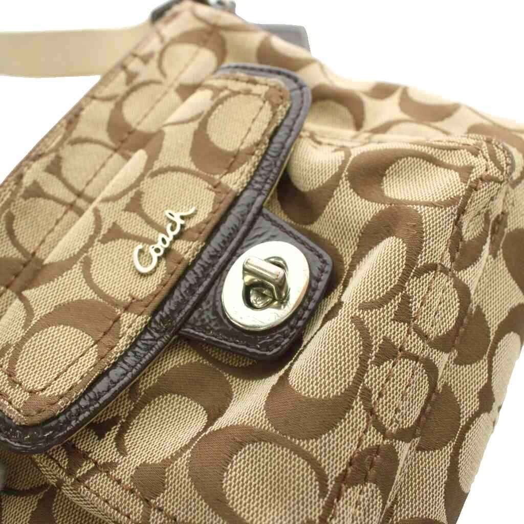 Coach Signature Canvas Leather Shoulder Bag Beige Brown Women 18cm 17.5cm