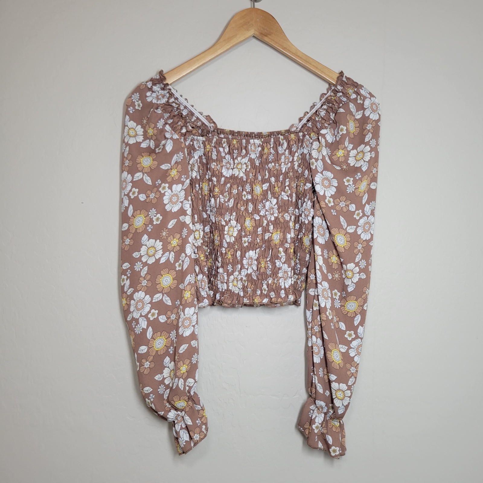 Hesperus Smocked Tube Top Long Sleeve Brown Floral Blouse Size S Boho Cowgirl