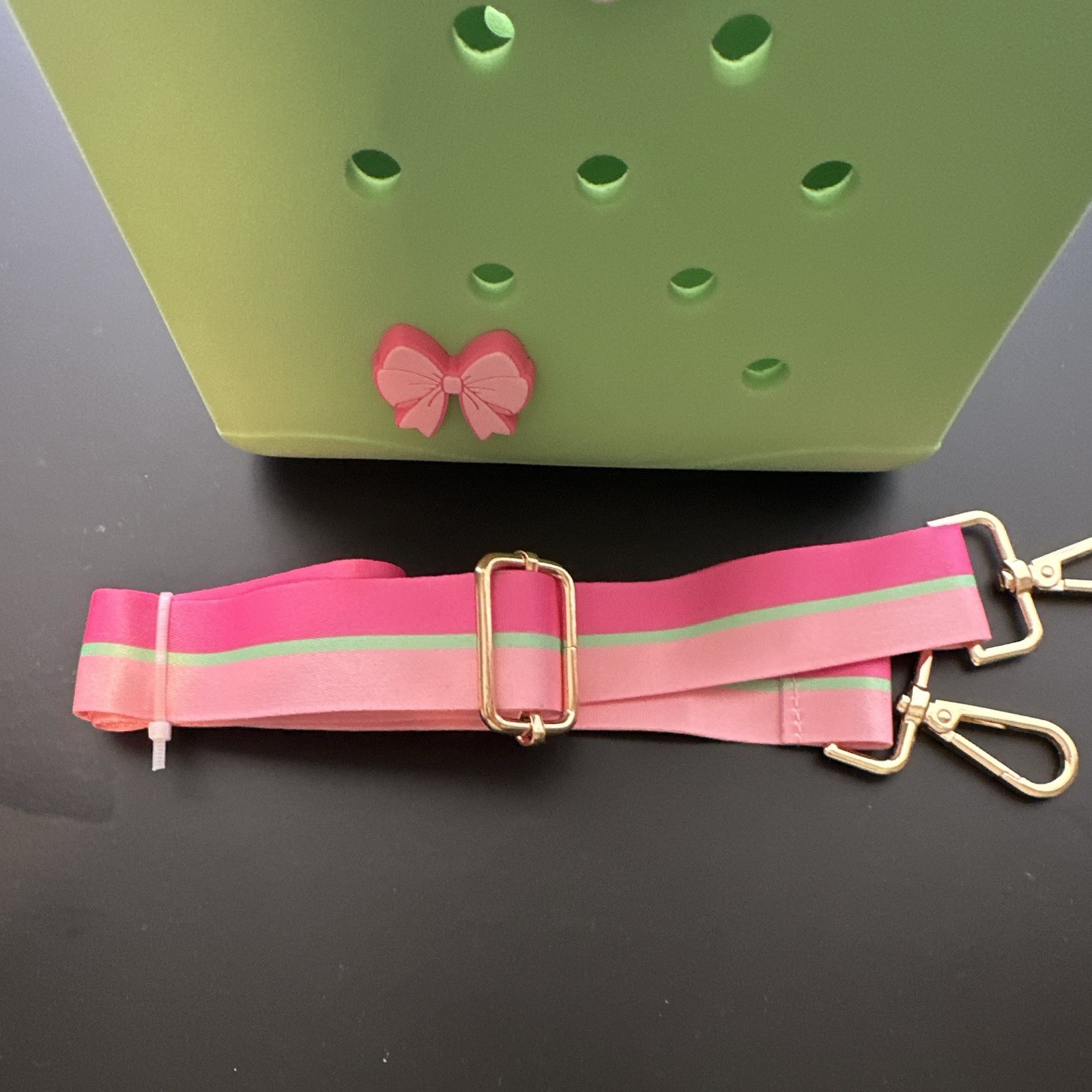 Green Satchel Top Handle Bag Adjustable Detachable Pink Strap Charms Gold.