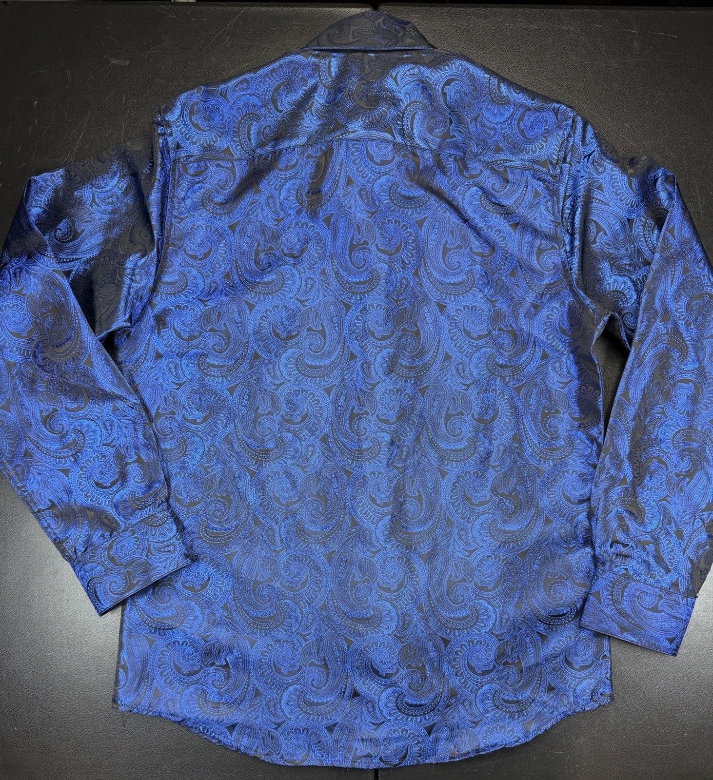 Mens Barry Wang Size Medium Blue Long Sleeve Shirt Paisley Design Dress Shirt