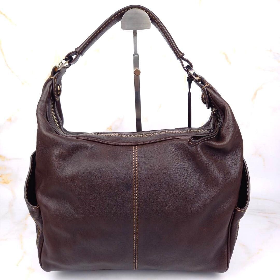 TOD’S One Shoulder Leather Bag Dark Brown 30x22cm Gold Hardware Purse Auth