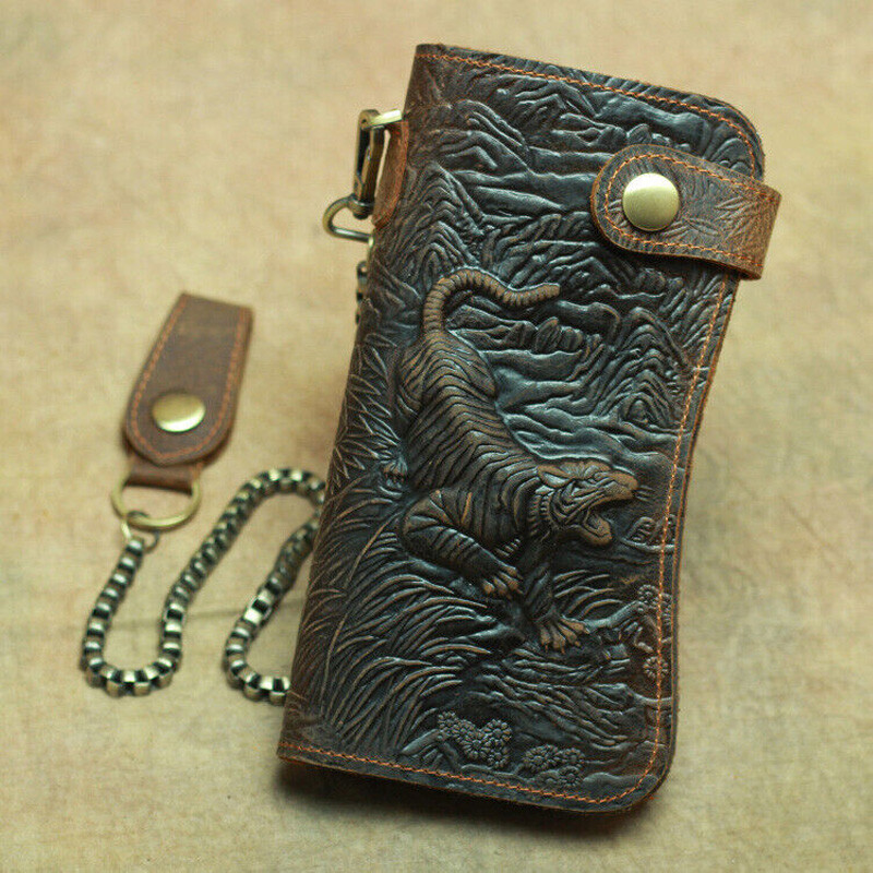 Men Leather Credit ID Cards Holder Long Chain Wallet Biker Trucker Heavy Thick S