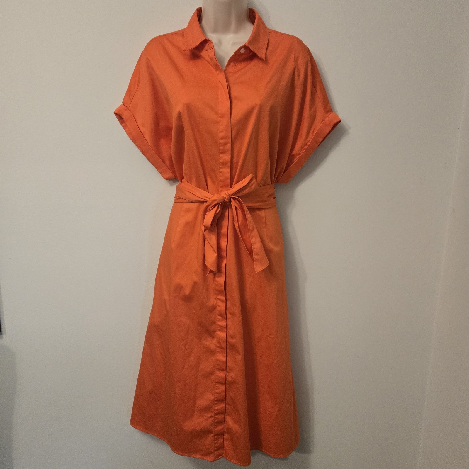 UNTUCKit Womens Sage Midi Shirt Dress 16 Orange Coral Tie Waist Collar Lagenlook