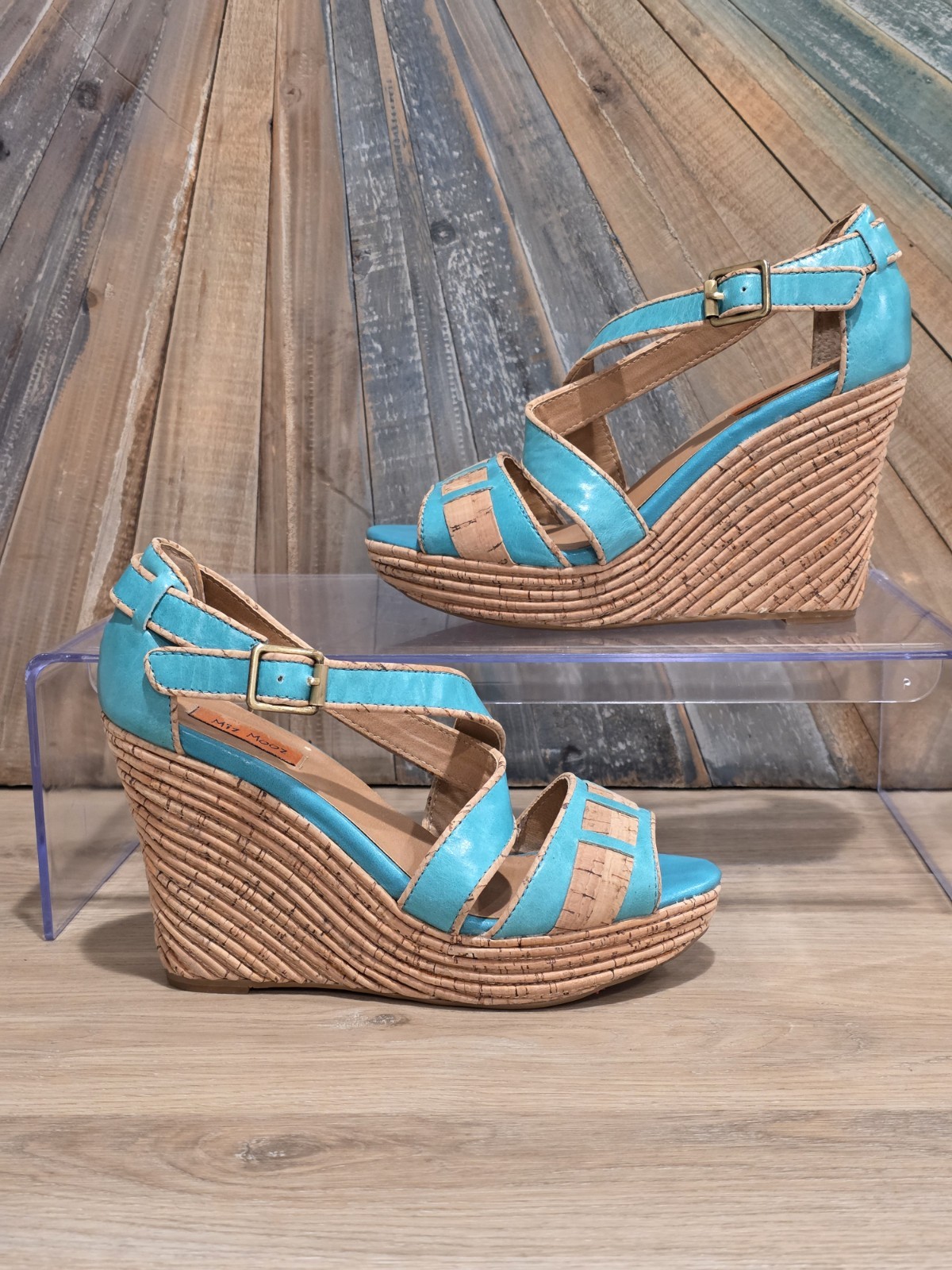Miz Mooz Kenya Turquoise Leather Cork Wedge Sandals Women’s 6.5