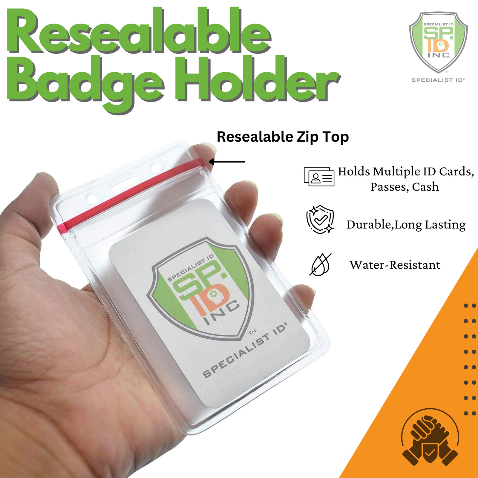 100 Pack – Heavy Duty Vertical Resealable Vinyl ID Badge Holders -Waterproof Zip