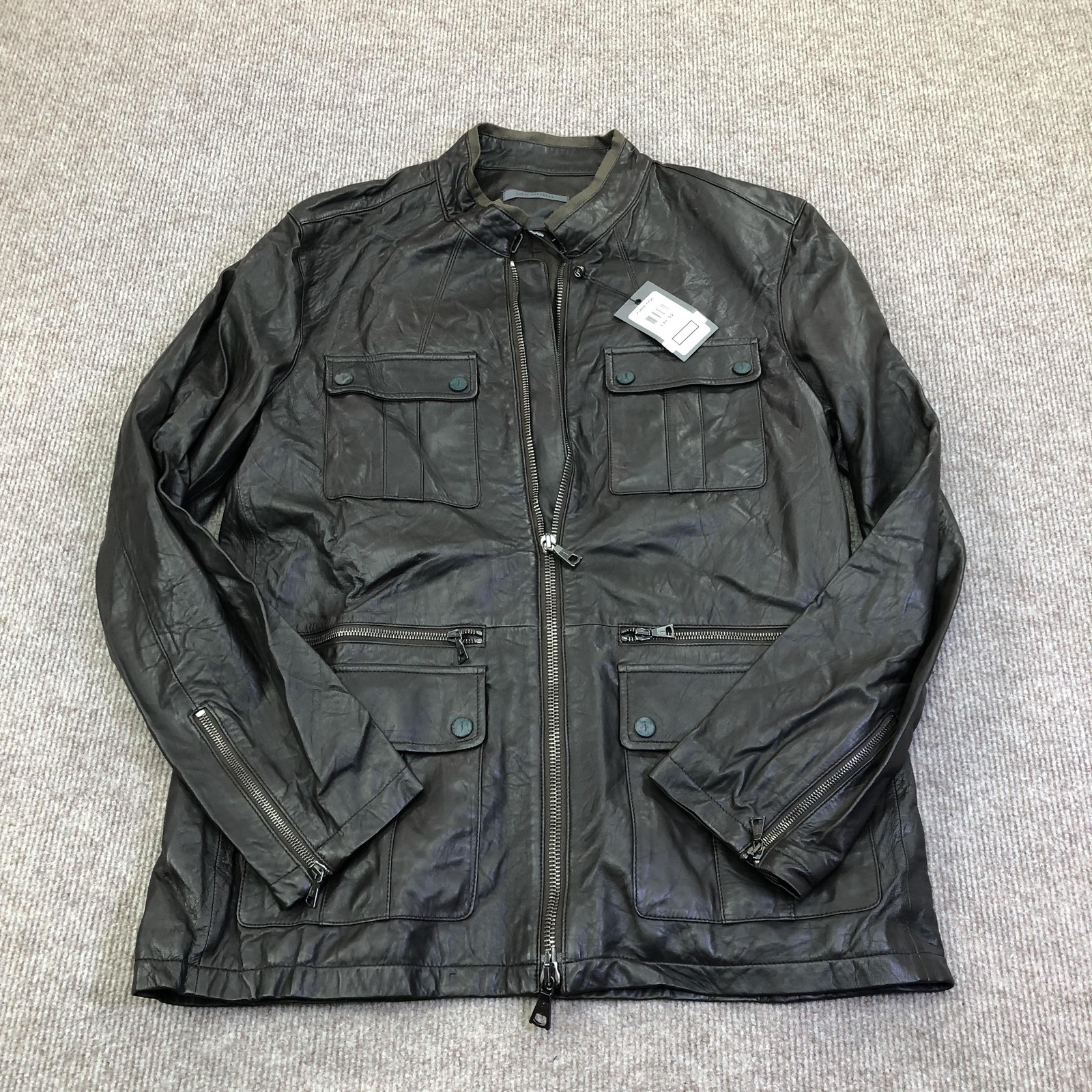 John Varvatos Jacket Mens 52 Brown Leather Military Full Zip Pockets L736P4 Y700