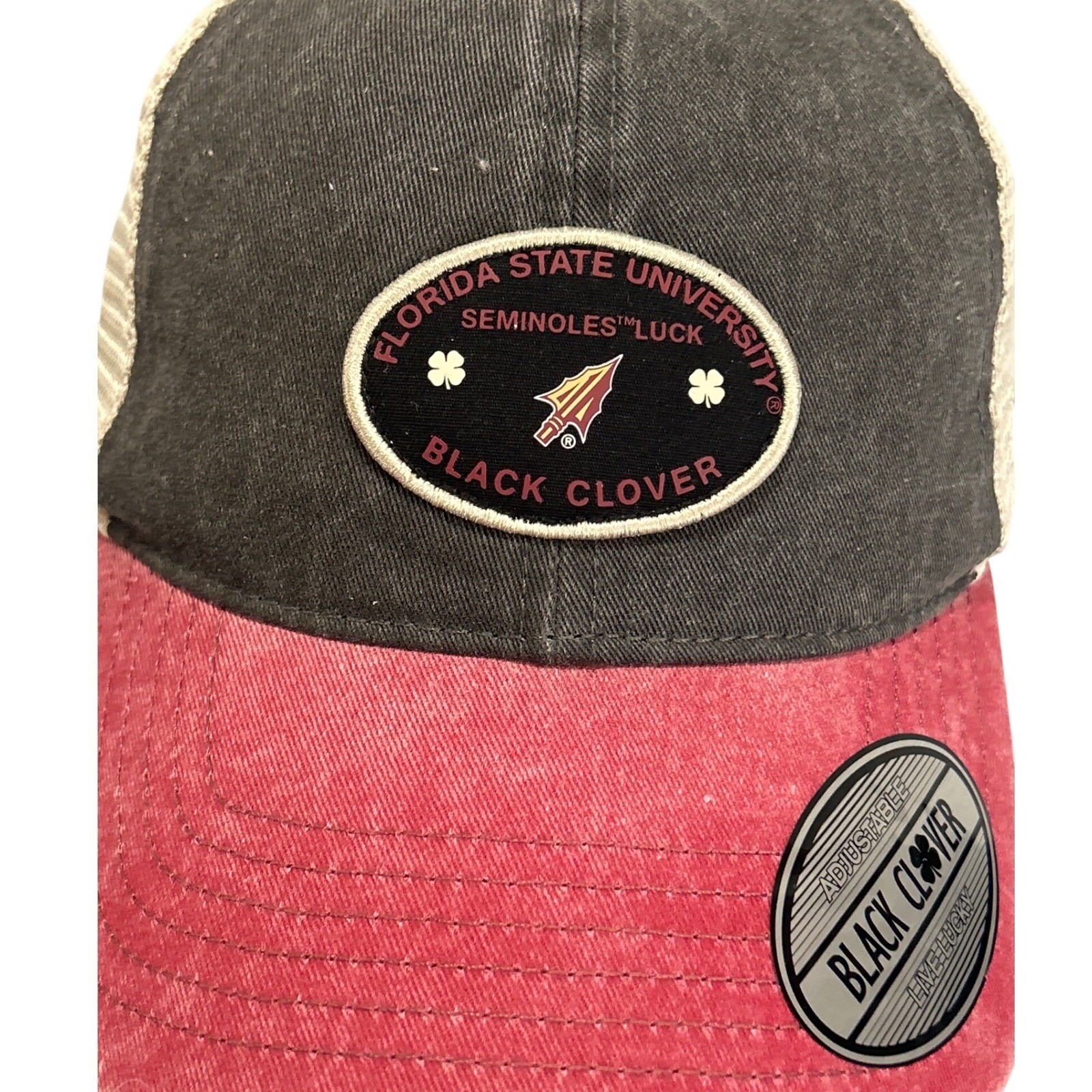 Black Clover FSU Seminoles Live Lucky Retro Trucker Hat Grey Red Tan Snapback