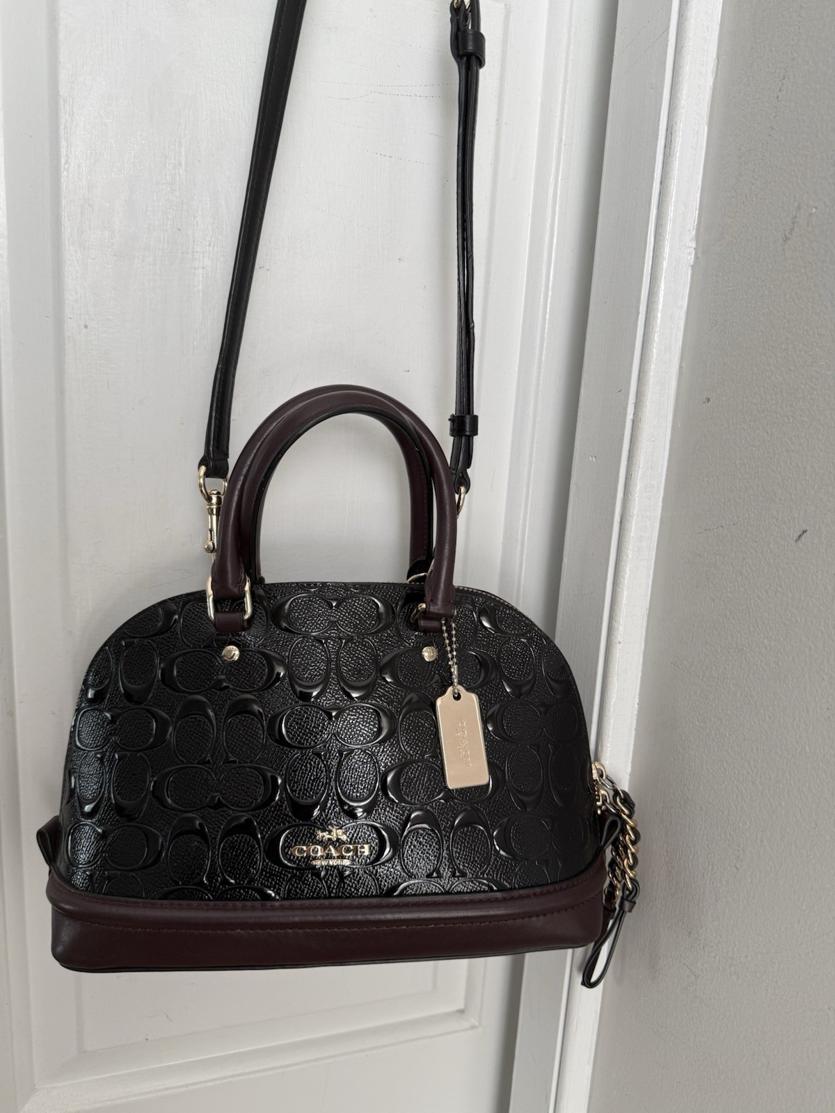 COACH Sierra Signature Debossed Black Patent Leather Satchel Bag Purse Crossbody
