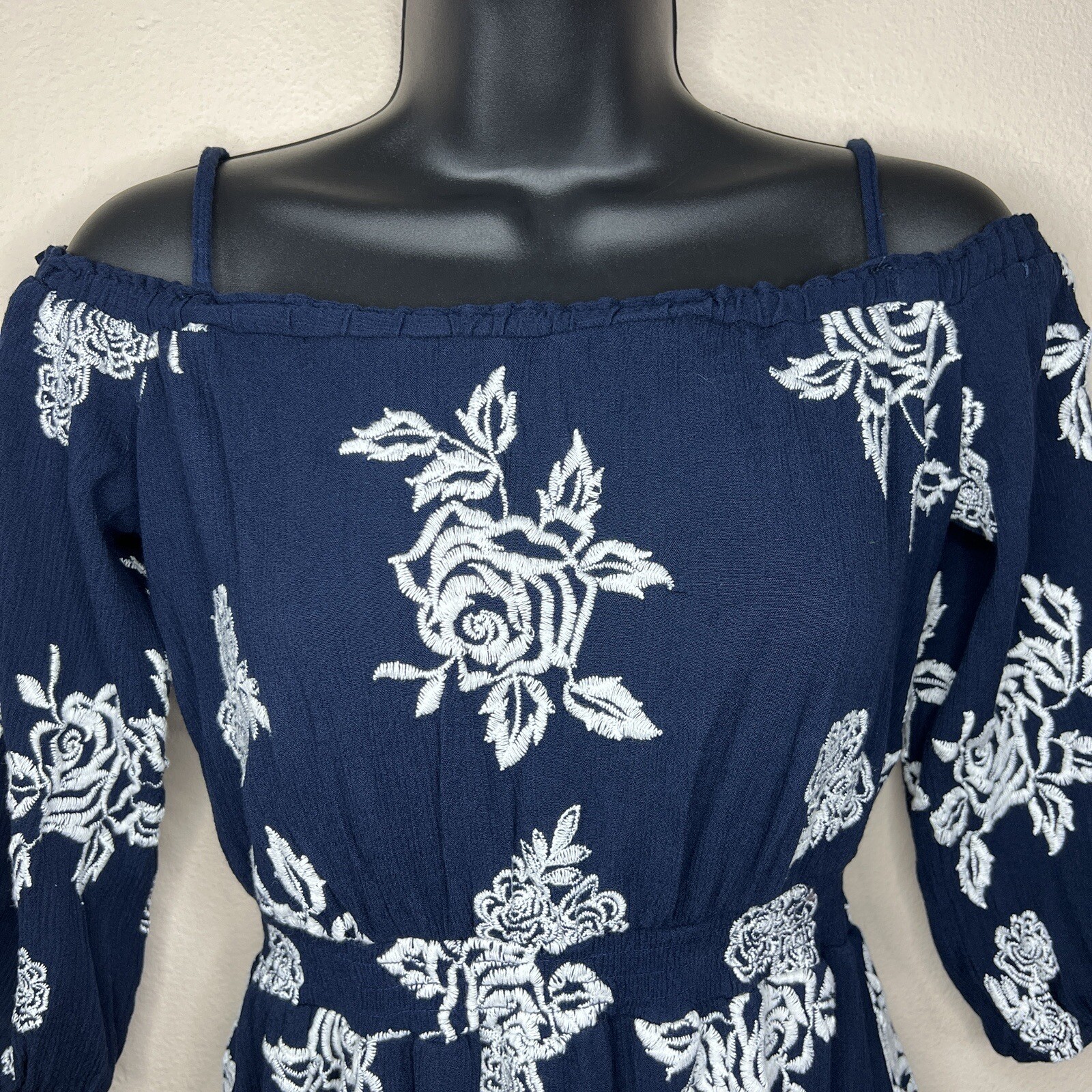 Small Dark Blue White Embroidered Floral Peasant Boho Dress Cold Shoulder
