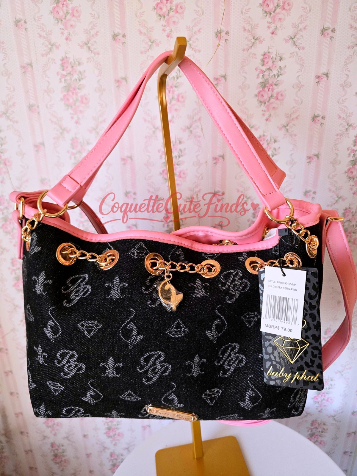 Baby Phat Black Pink Logo Shoulder Bag, Detachable Strap, Gold Charm, Magnetic