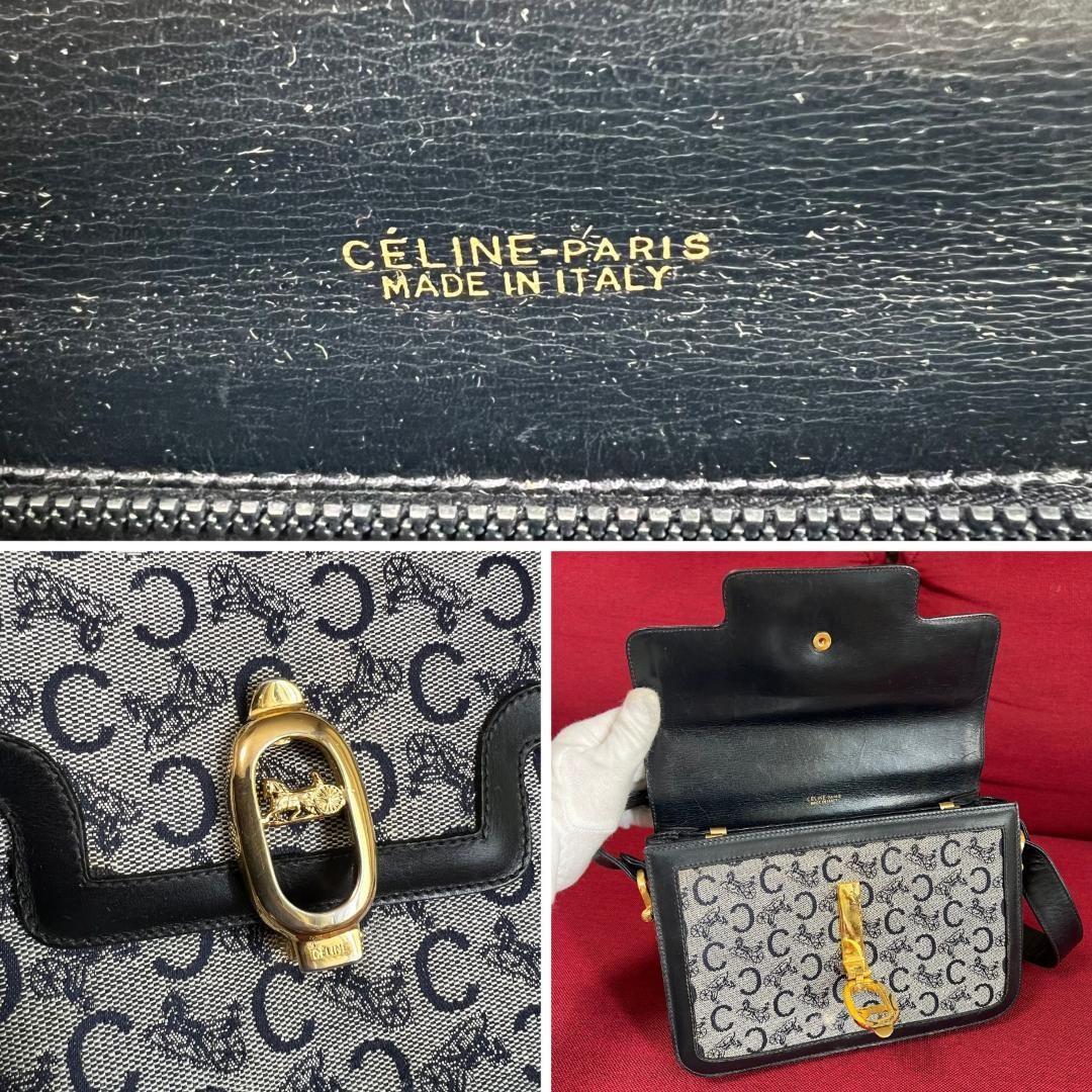 CELINE C Macadam Sulky Shoulder Bag Horse Carriage Hardware Buckle Canvas Beige