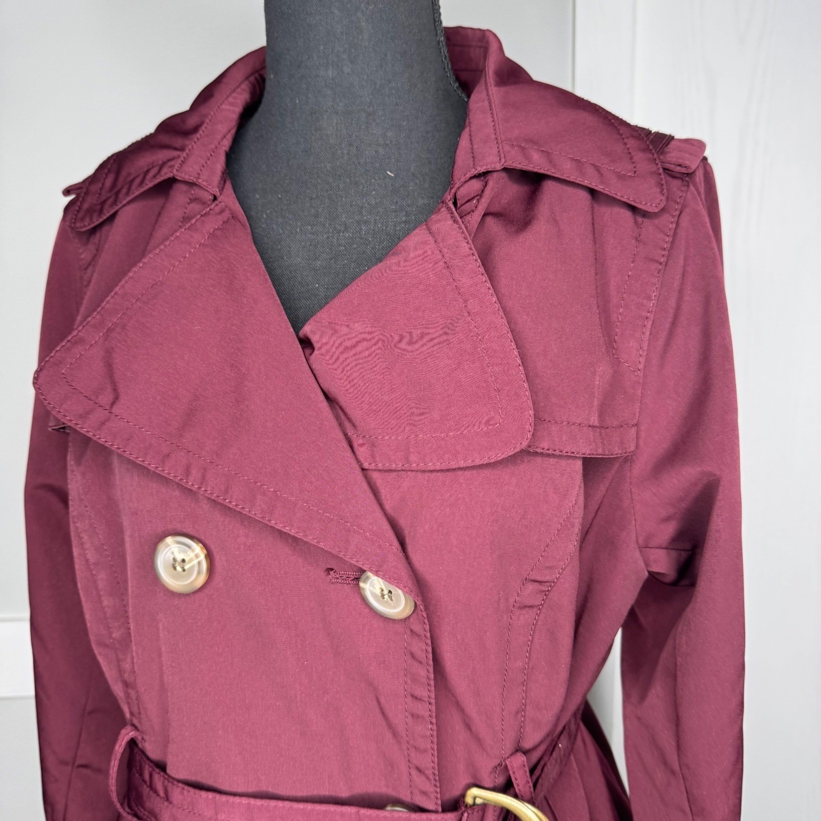 Worthington Trench Coat Women Petite Large Burgundy Belted Double Breasted 2505