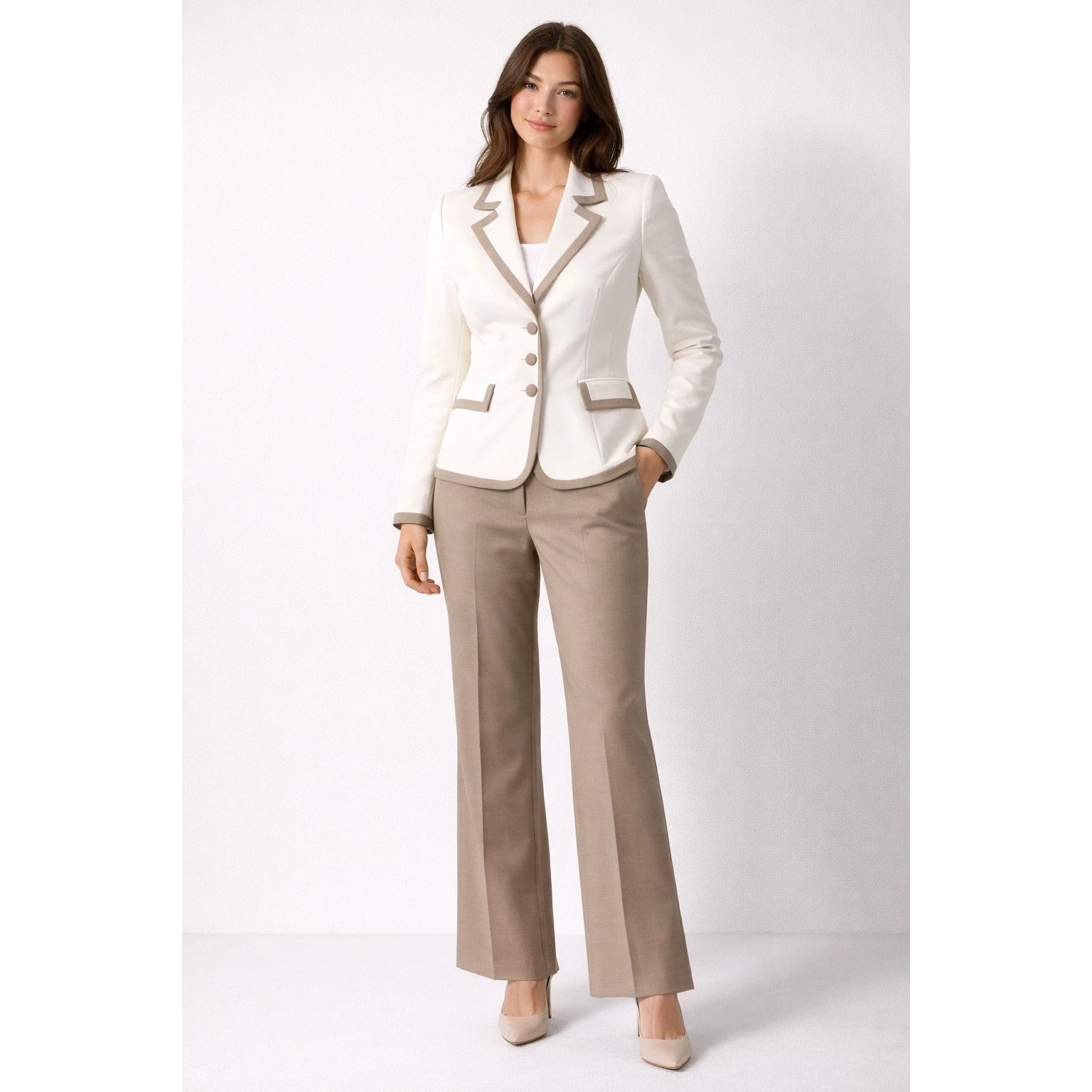 Tahari Arthur S Levine Sz 10 Pant Suit Tan Ivory Tweed Blazer 2 Pc Set Wide Leg