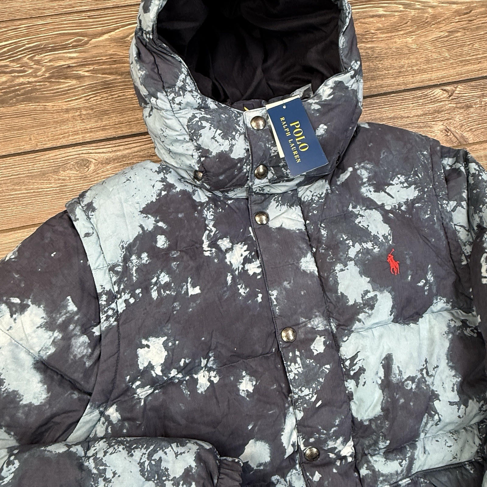 Polo Ralph Lauren Mens Convertible Tie-Dye Down Jacket Vest Hood Blue LARGE NEW