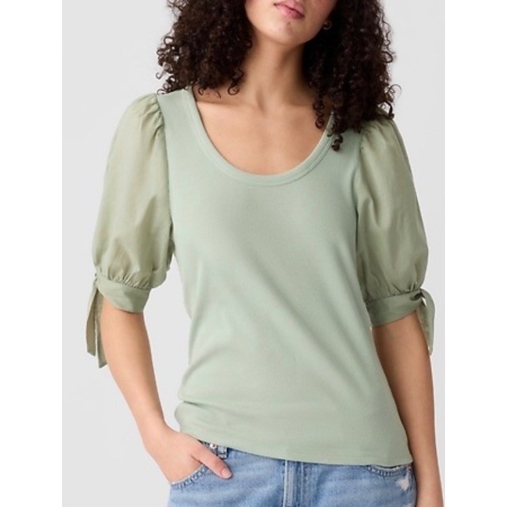 Gap NWT Womens Sage Green Ribbed Mixed Media Puff Sleeve Tie Cuff Top – Large