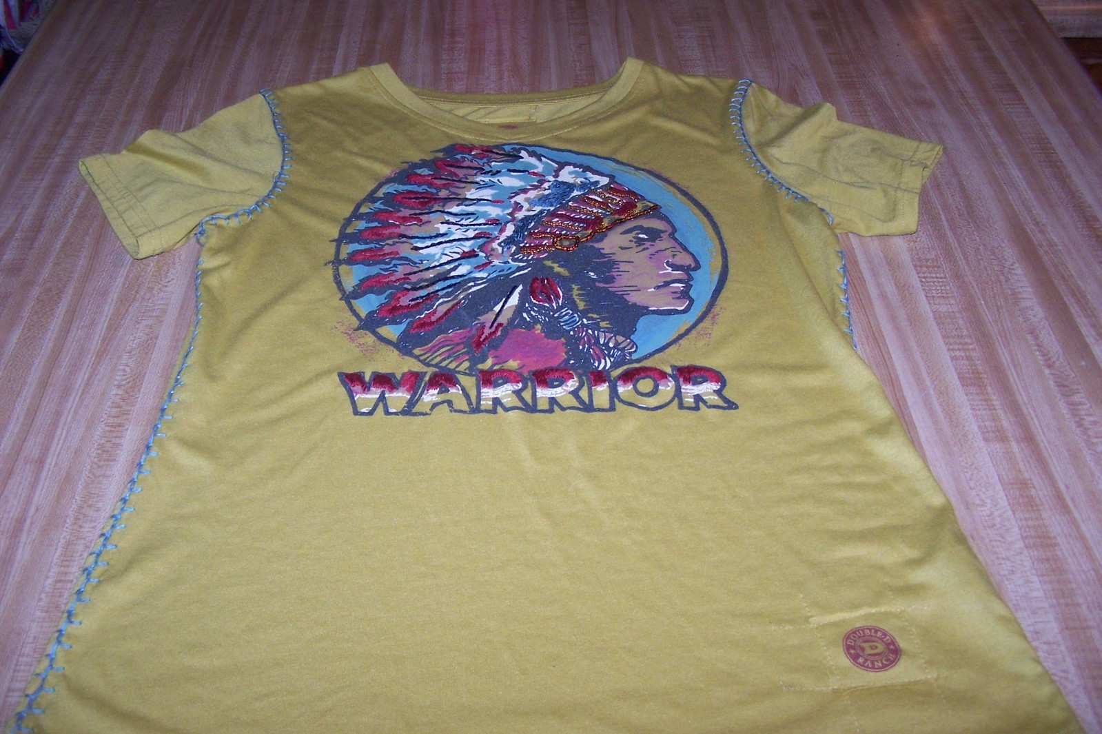 DOUBLE D RANCH L Indian WARRIOR Embroidered Beaded Graphic Western Tee Shirt EUC