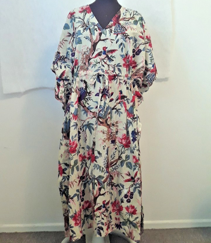 Tropical Floral Birds Maxi Kaftan Dress Cotton Voile Drawstring Waist Boho O/S