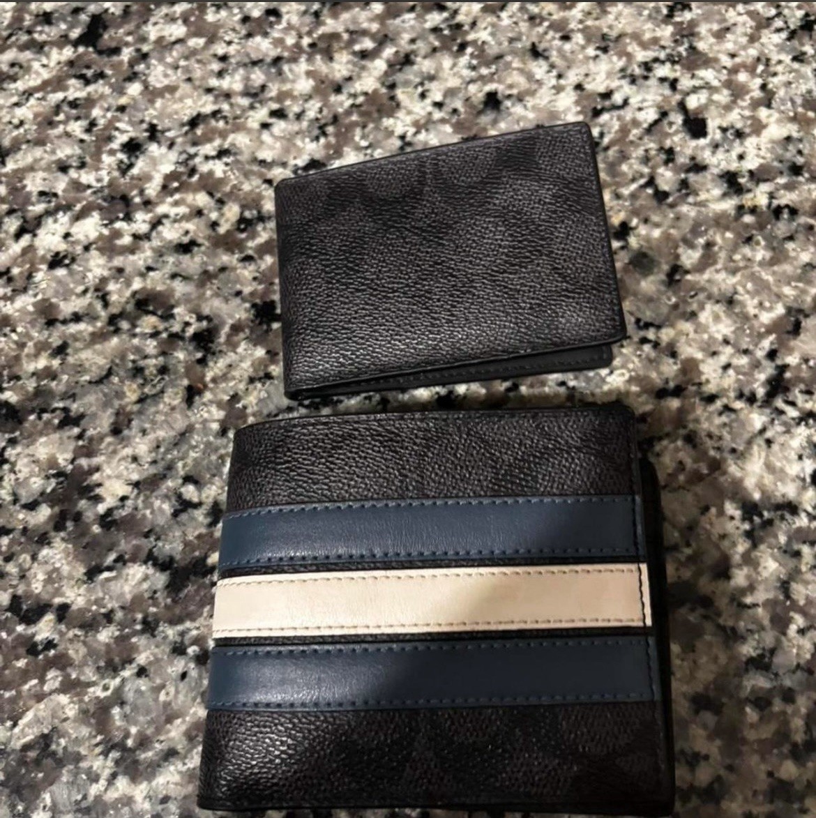 Men’s Bifold Wallet Black with Blue & White Striped Pattern, Strap Accent