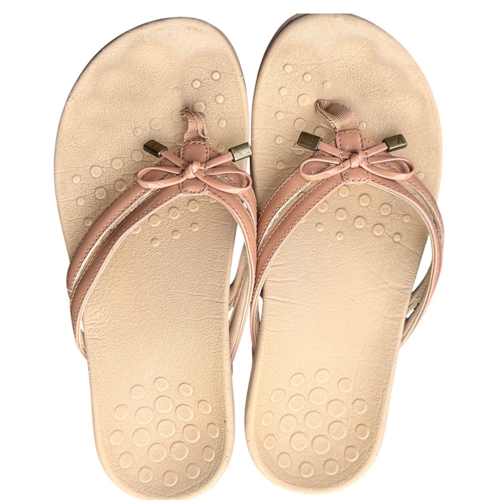 Vionic Bella II Nude Patent Bow Flip Flop Orthotic Sandals Tan Womens Size 8