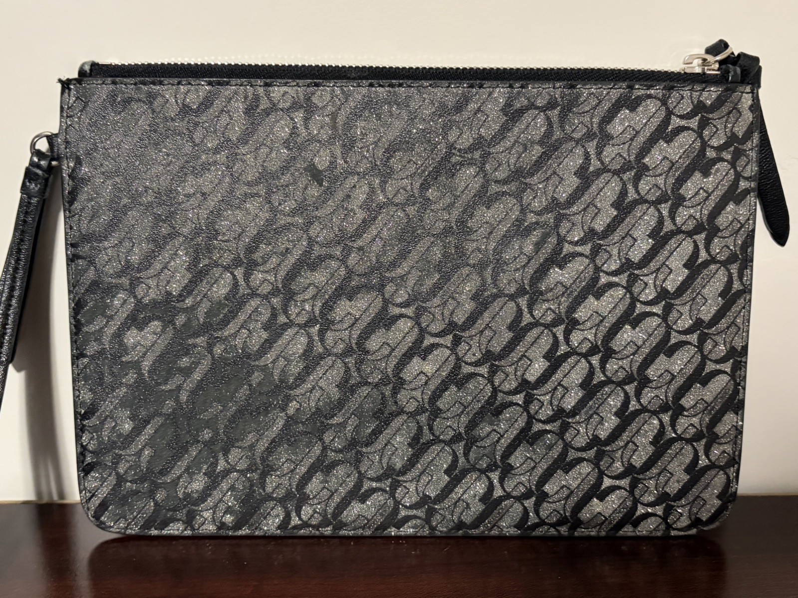 Authentic Jimmy Choo Silver Black Glitter Clutch Pouch Leather Trim Handstrap