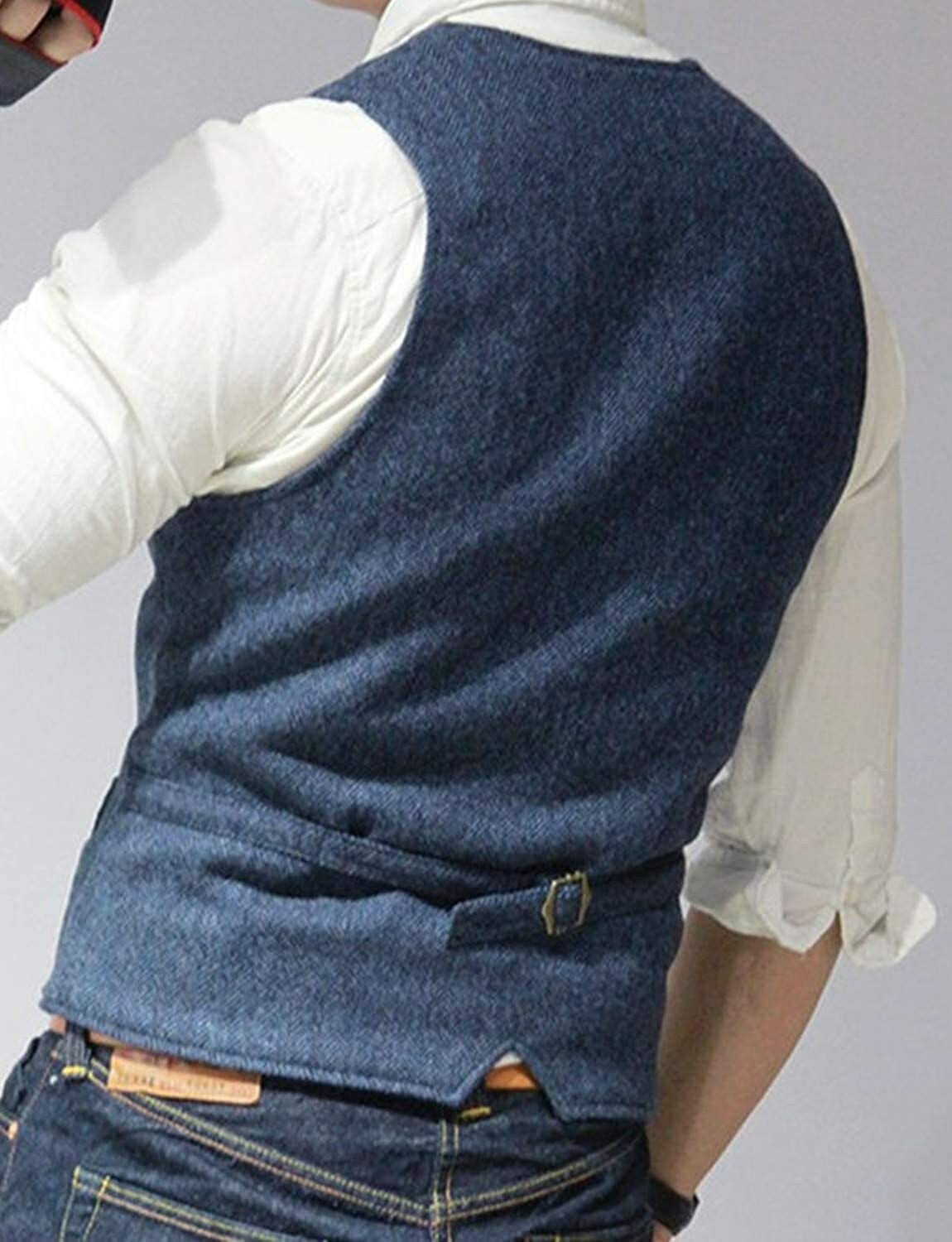 Mens Tweed Vest Retro Herringbone Western Cowboy Groom Formal Dress Waistcoat