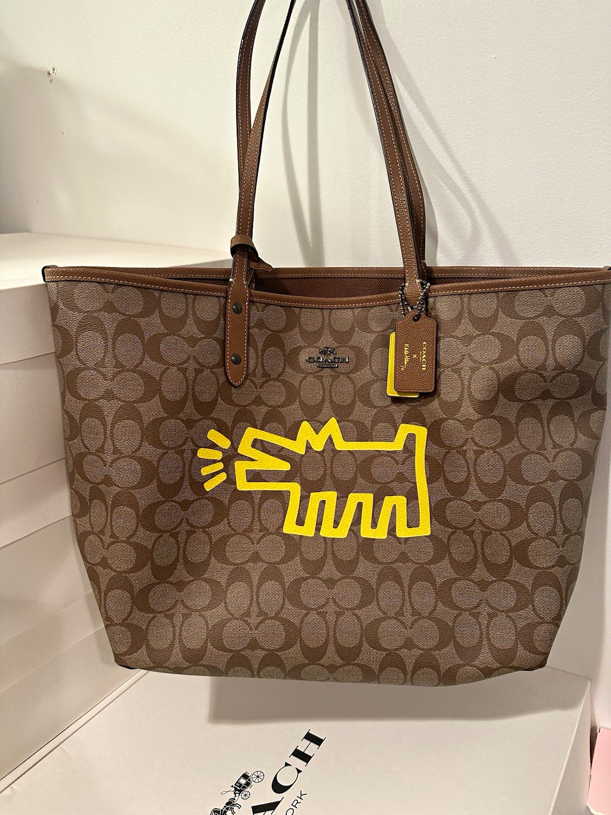 Coach x Keith Haring Signature Logo Brown Yellow Large Open Tote w/ Pouch