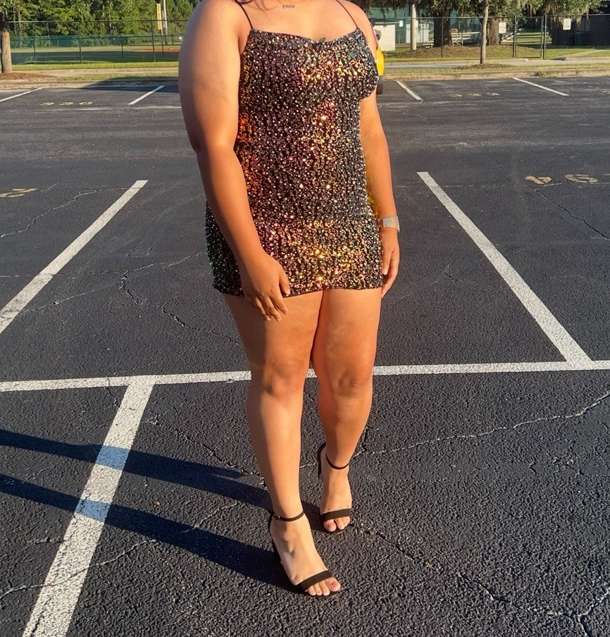Women’s Black/Multicolor Sequin V-Neck Spaghetti Strap Mini Bodycon XL