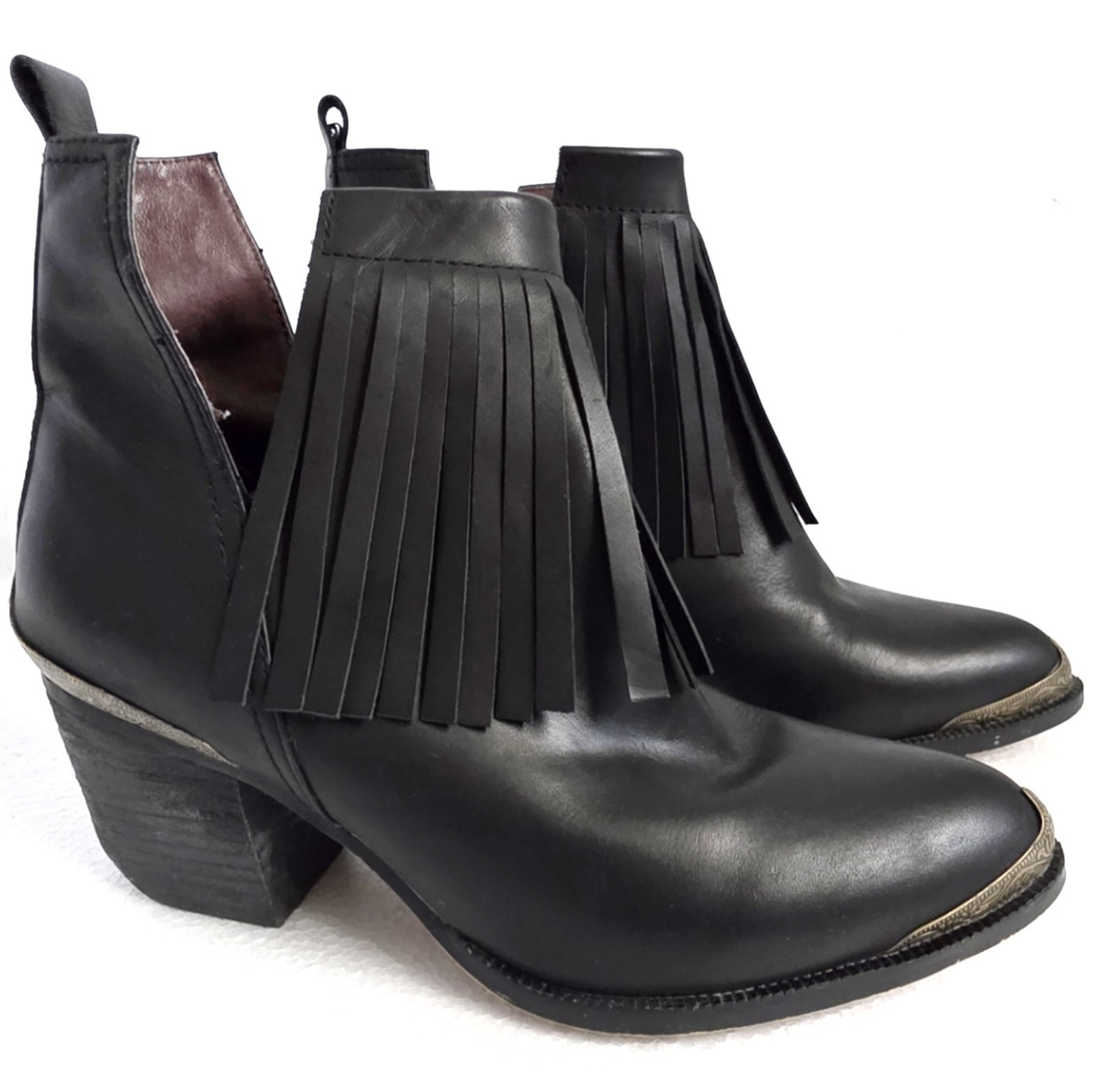 L&B Women’s Fring Black Leather Ankle Bootie Pointed Toe Fringe Block Heel Sz 6