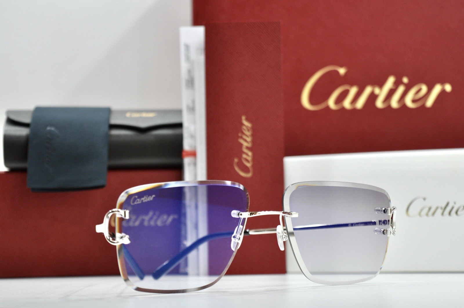 Cartier rimless sunglasses piccadilly glasses Diamond Cut BIG C silver Frame
