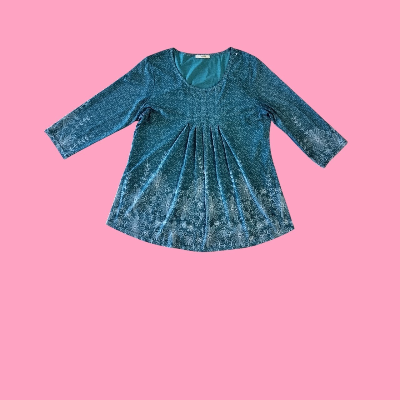 Timeson Women’s XL Blue Floral Lace Pleated Scoop Neck 3/4 Sleeve Pullover Top