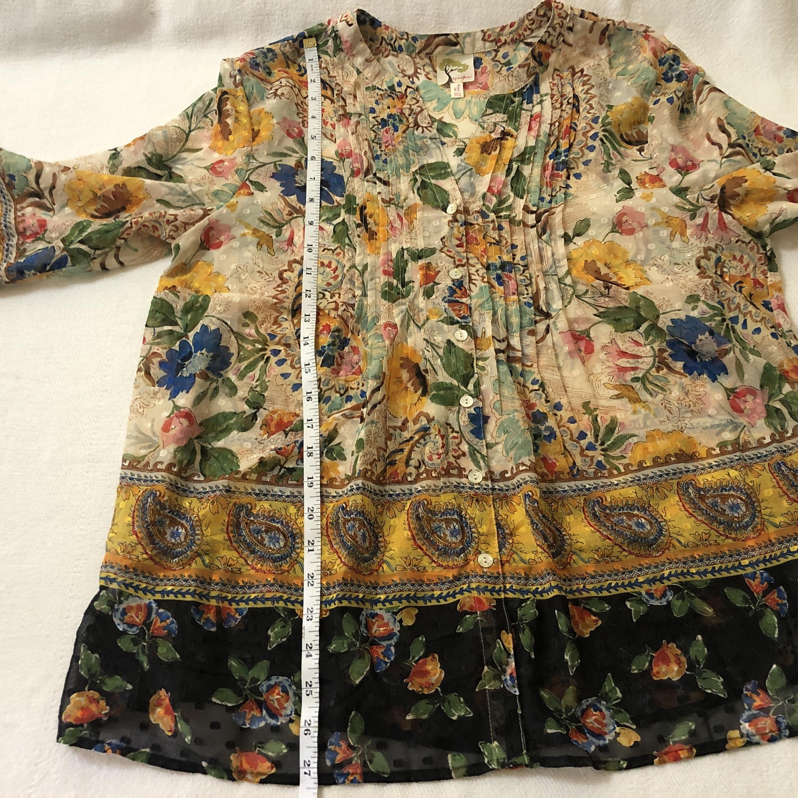 Fig And Flower Top Womens XL Multicolor Floral Tunic Sheer Boho Peasant Blouse