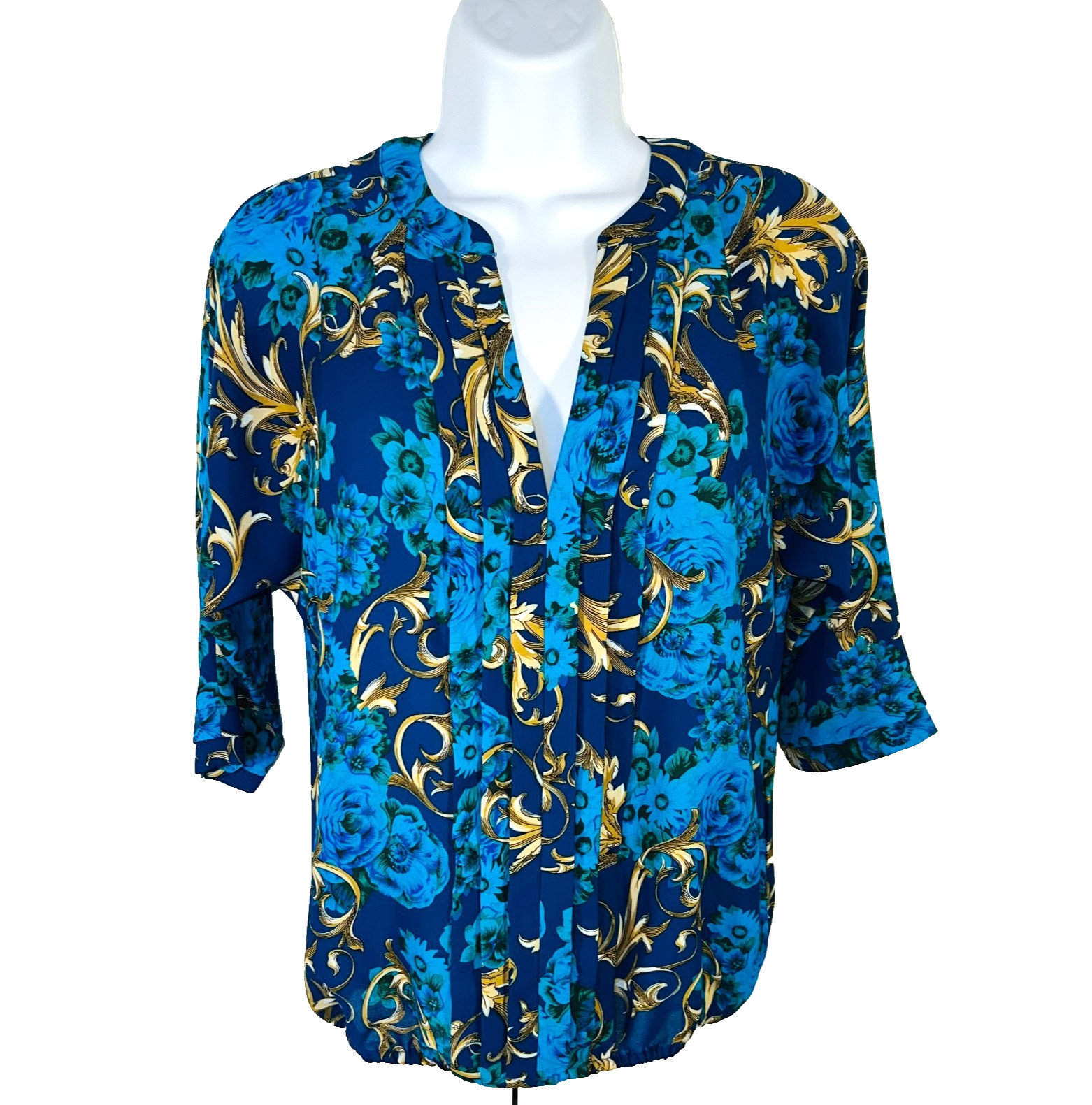7th Avenue New York & Company Blouse Women’s XS Blue Gold Floral Rococo V-Neck