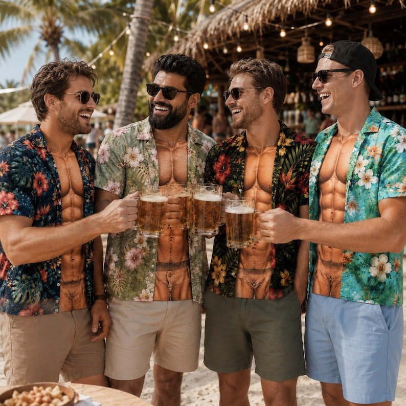 Funny Muscle Illusion T-Shirt, 3D Hawaiian Beach Graphic Tee Summer Vacation